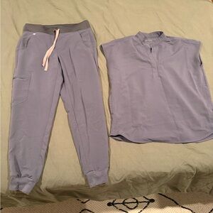 FIGS Dark Gray with Mauve pink strings Zamora jogger & Rafaela Top